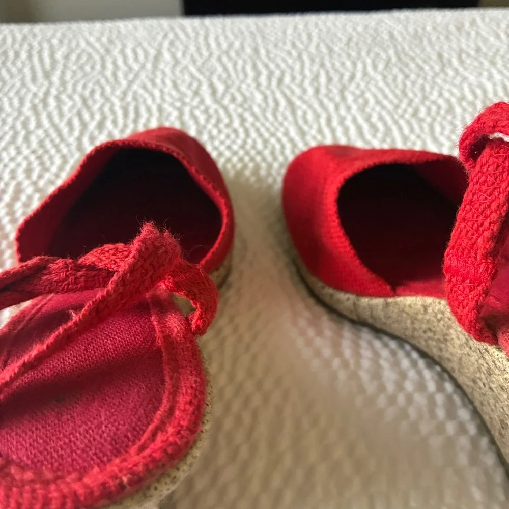 Artesania Espadrille Wedge Sandals Sz 37 Cherry Red Lace Up Ankle Tie Like New